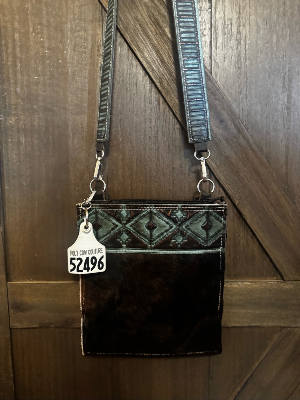 Double Barrel Holy Cow Couture Brown & Turquoise Embossed Crossbody Bag